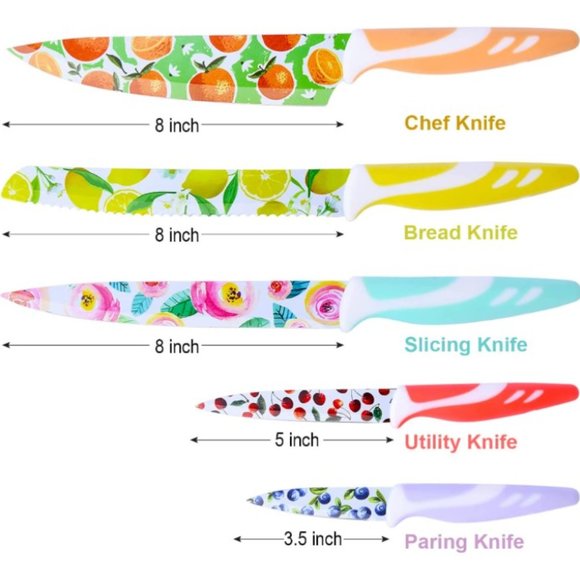 10 pc - Multicolored Fruit Kitchen Knife Set - Nonstick w/ 5 Blade Guards - Picture 3 of 11